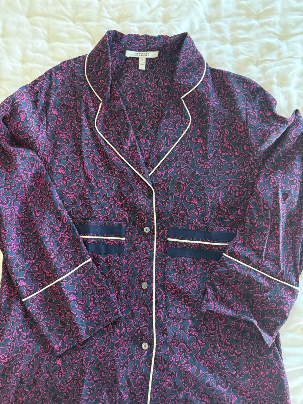 Sleeper Silk Paisley Button-Down Pajama Style Top in Purple/Pink by Derek Lam